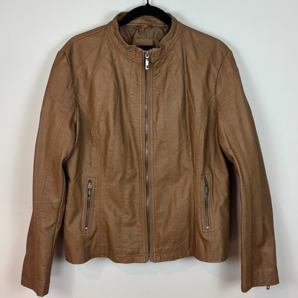 Lock & Love Womens Brown Faux Leather Moto Biker Jacket Size XXL Full Zip